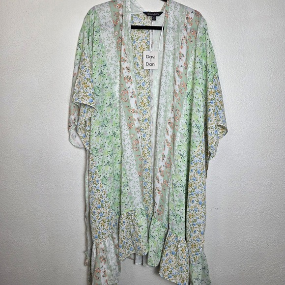 Davi & Dani Boho Cottagecore Green Open front duster mint green & white PLUS 3X - Picture 7 of 8